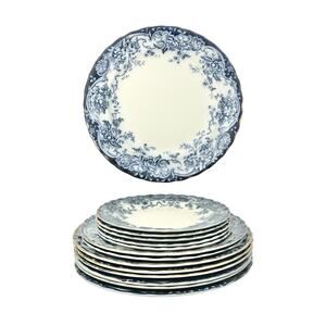 1890s Antique Keeling Co. “Chatsworth” 13-Piece Flow Blue Ceramic Dinnerware Set